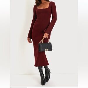 NWT Lulus Classy Attitude Burgundy Ribbed Square Neck Midi Sweater Dress